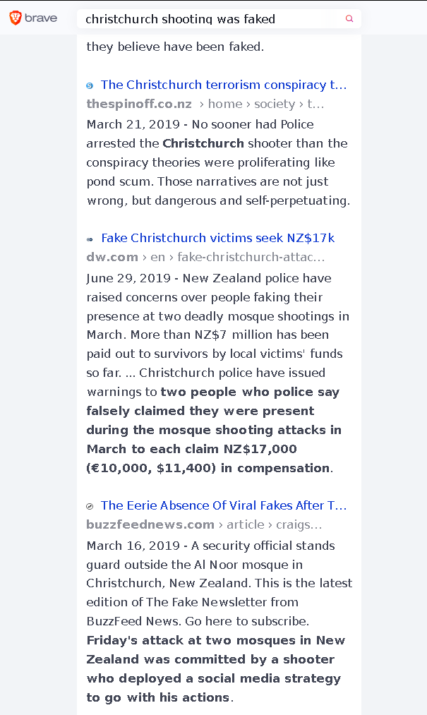 The last three results for the query 'Christchurch shooting was faked' in Brave search engine