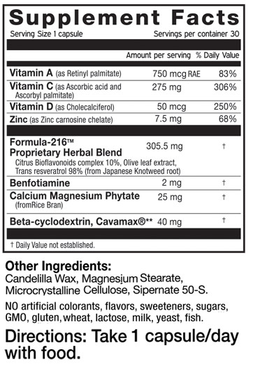 Ingredient list of the Formula 216 supplement