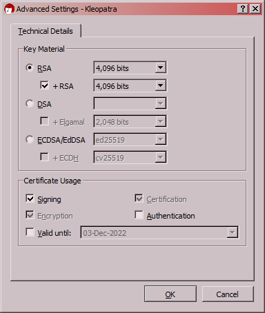 Showing key creation in Kleopatra