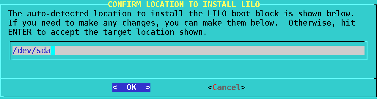 Liloconfig drive install choice screen, with sda input