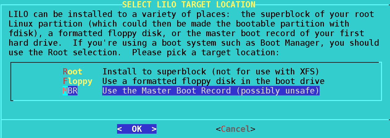 Picking MBR option to install the bootloader to