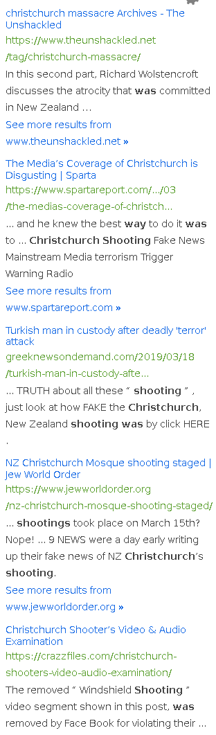 Mojeek results for the query 'Christchurch shooting was faked'. Lots of obscure, conspiracy theory results shown.