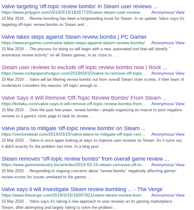 Startpage search result, showing Valve controlling the journalists