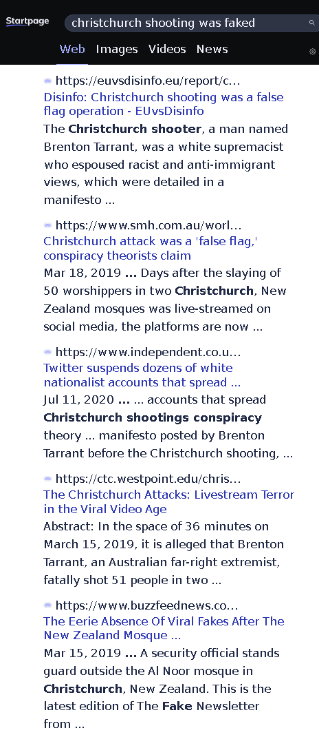 Startpage (Google) results for the query 'Christchurch shooting was faked. Zero conspiracy results and many attacking conspiracy theories.